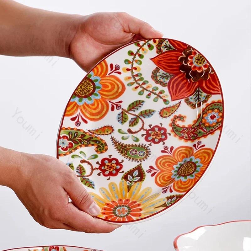 Creative Bohemian Style Ceramic Plates Retro Restaurant Salad Pasta Plate Delicious Dishes Large Soup Bowls Household Tableware
