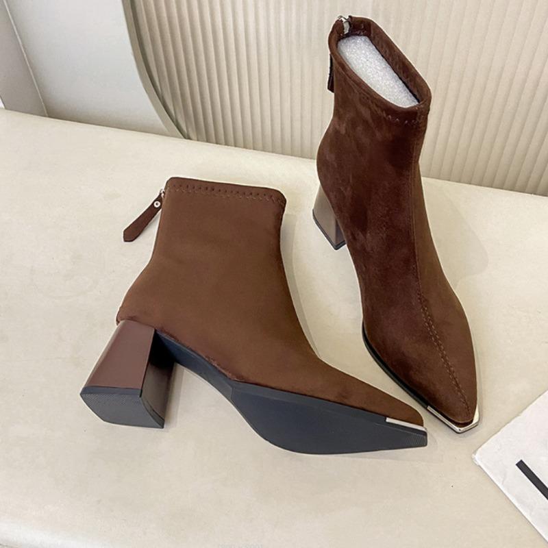 Winter Women Faux Suede Thick Heel Ankle Boots Fashion Pointed Toe Mordern Short Booties Street Style Party Stripper Female Shoe