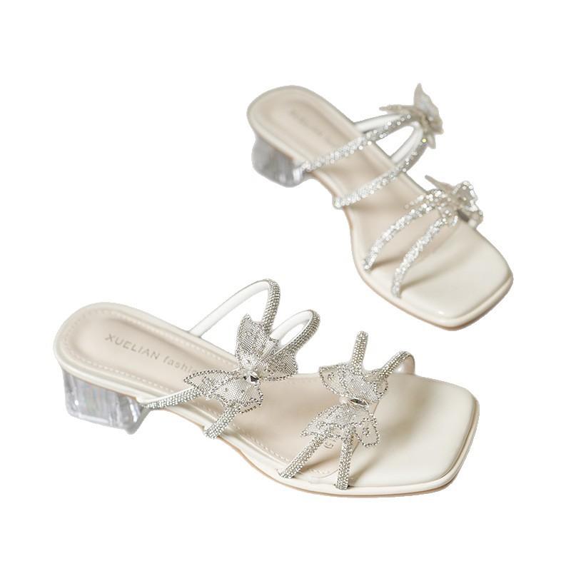 French Thick-heeled Sandals Women's Summer Skirt 2025 New Bow Rhinestone High Heels Casual Open-toed Slippers