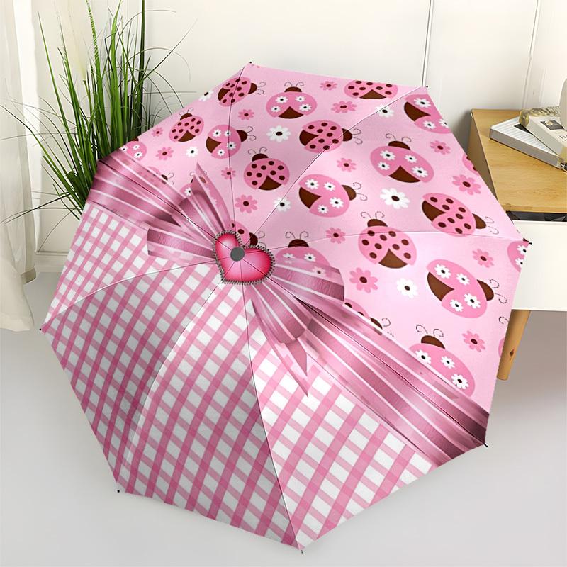 

1pc Ladybug Pink Plaid Umbrella Portable Home Essential Umbrella Folding Umbrella Durable Iron Frame yy251128050