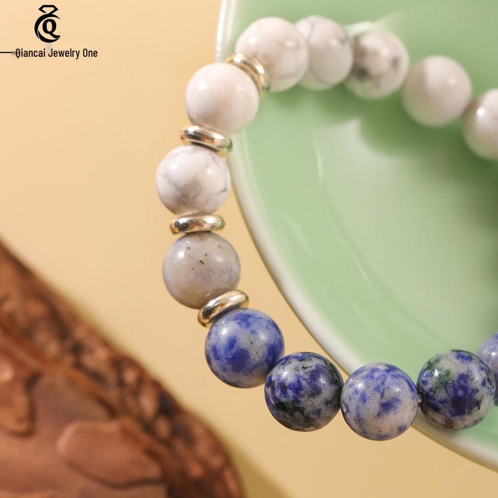 Two-Color Yin Yang Natural Stone Bracelet: High-End Light Luxury Design with White Turquoise and Spotted Stone for Couples.