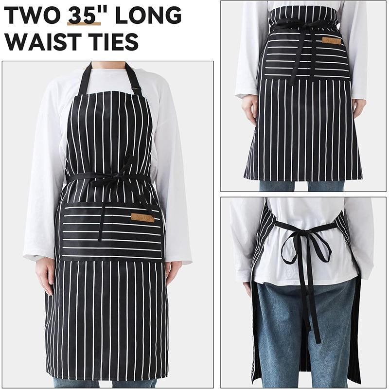 White Black Striped Man Woman Home Restaurant Kitchen Baking Nail Bib Oil Repellent Work Apron 2 Pockets Adjustable Clean Apron