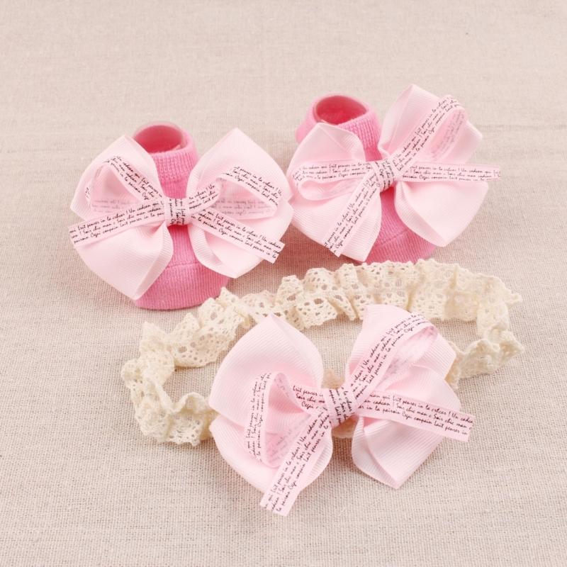 Infant Lace Headband Pairs  with Not  Slip Socks Fashionable Baby Lace Headband Socks Perfect for Photoshoots & Parties
