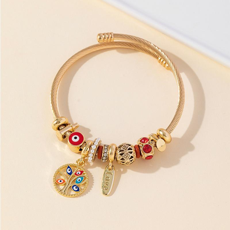 

Handmade Beaded Evil Eye Tree of Life Bracelet with Pearl Crystal Accents Stainless Steel Charm Jewelry
