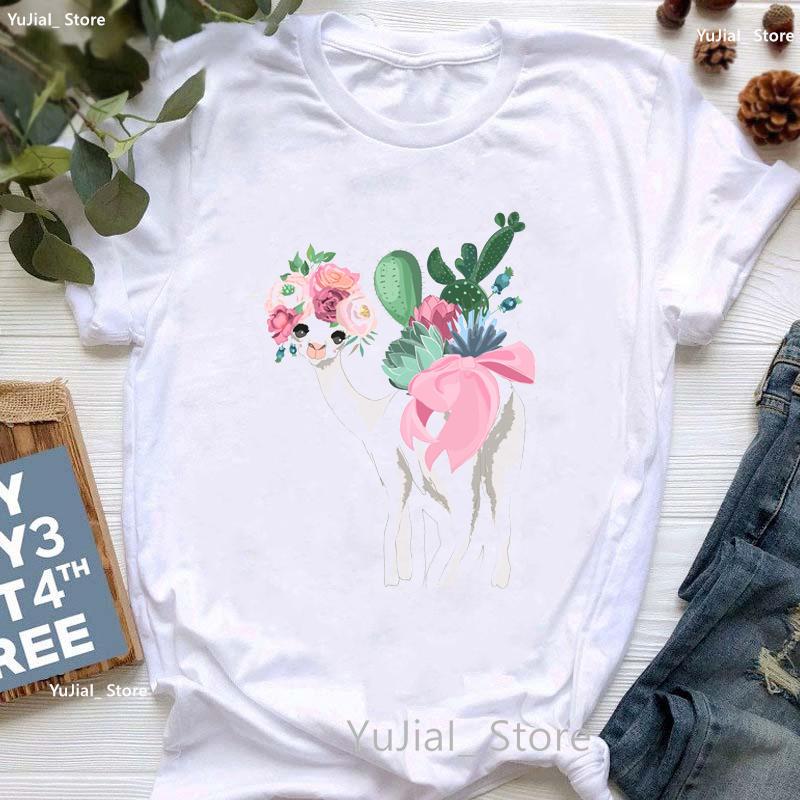 Kawaii Alpaca With Flowers And Coffee Print T Shirt Girls Summer Short Sleeve Tshirt Femme Fashion Tops Tee Shirt Female