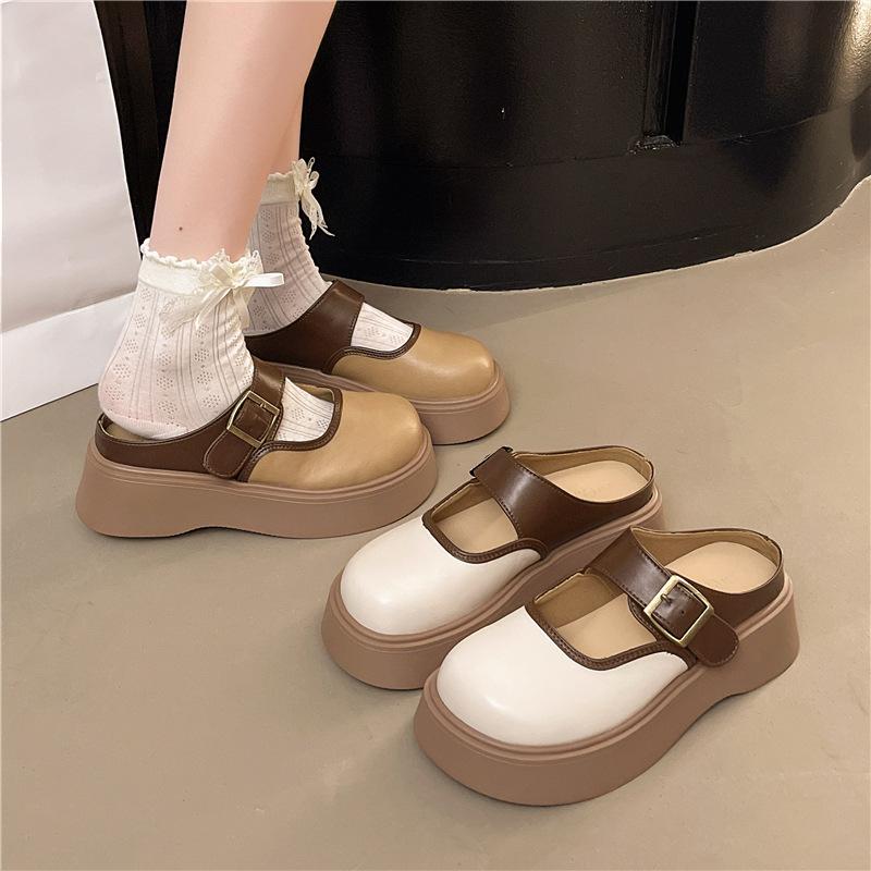 Big head thick bottom bag head slippers women's 2025 spring new retro fashion leather buckle small height half slippers