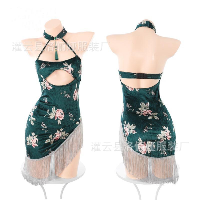 Fun underwear antique velvet cheongsam Fun underwear fringed sexy peony print pure desire temptation hip skirt woman
