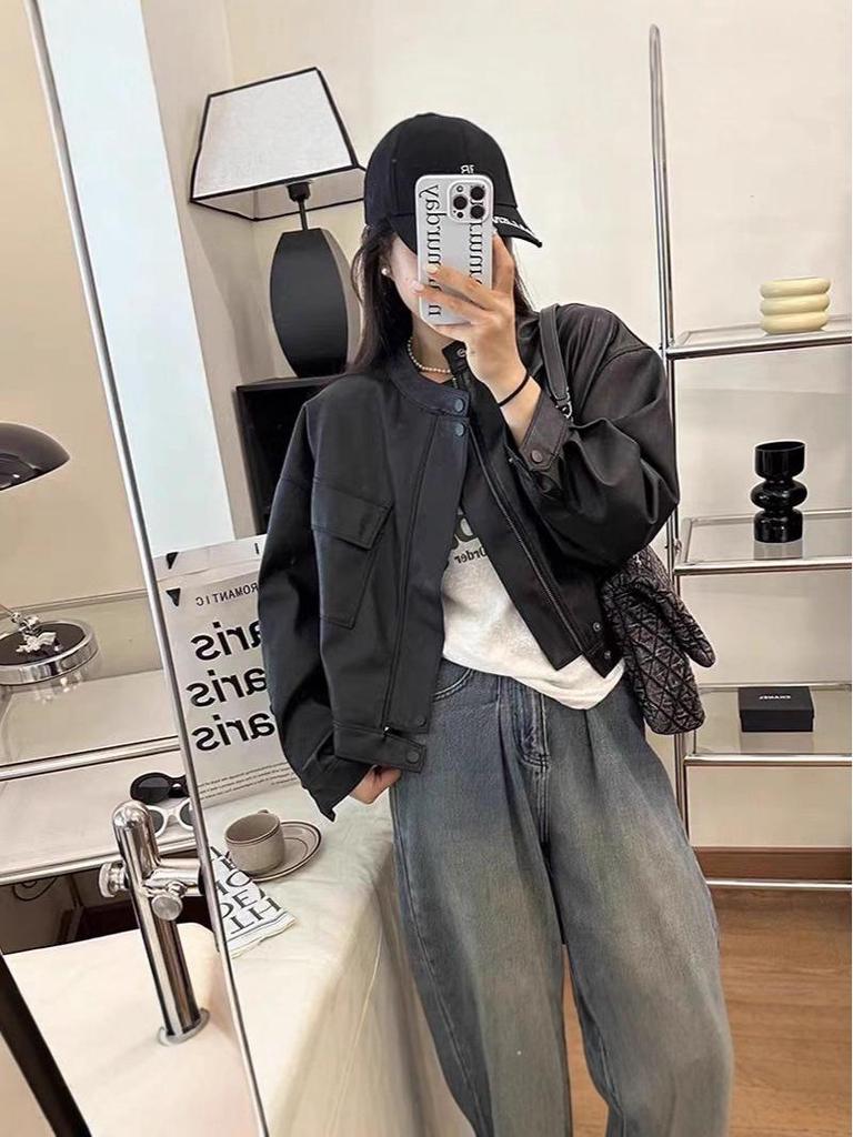 2025 Spring/Autumn Women's Hong Kong Style Leather Biker Jacket: Short, Stand-Up Collar, Casual Commuter Fashion