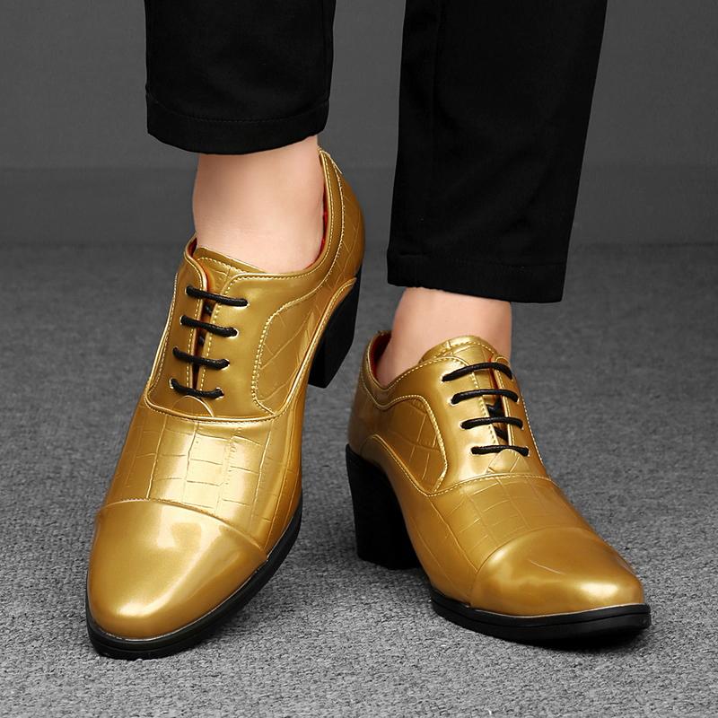 2026 Luxury Golden High Heel Shoes Men Fashion Business Formal Shoes Man Wedding Shoes Size 46 Pointed Toe Leather Shoes Men