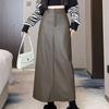 2025 A/W Women's Retro PU Leather Slit A-Line Mid-Length High Waist Skirt