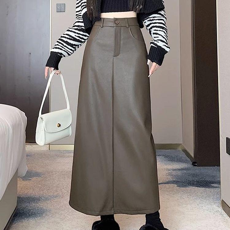 2025 A/W Women's Retro PU Leather Slit A-Line Mid-Length High Waist Skirt