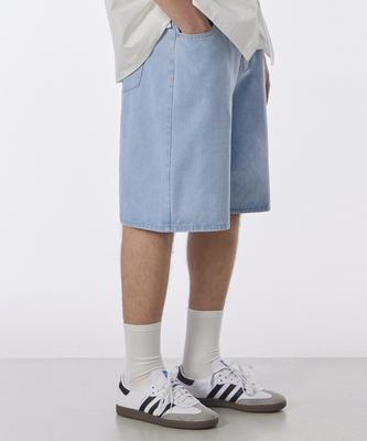 GLW Bermuda Wide One-Pleat Washed Denim Shorts Light Indigo