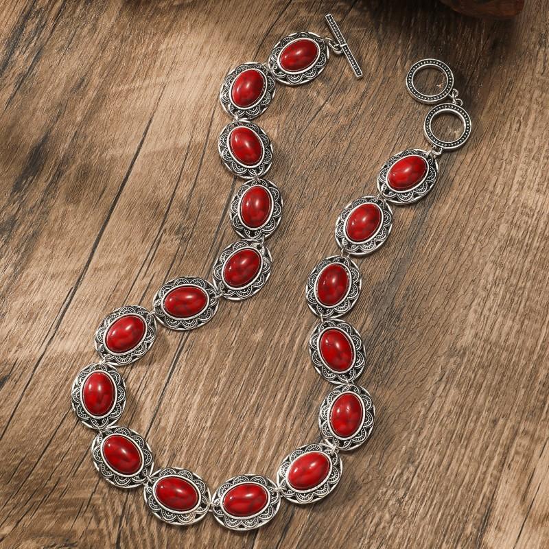 BLINGBAY Women's Chain Necklace Retro Ethnic Style Turquoise Necklace Female Personalized Carving Oval Clavicle Chain Girl Birthday Gift