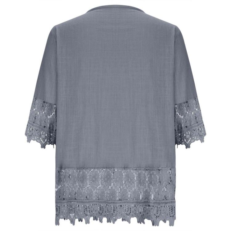 Summer Elegant Holiday Blouse Women Casual Loose Top Cotton Linen Stitching Lace Flower V Neck Solid Tops Shirt