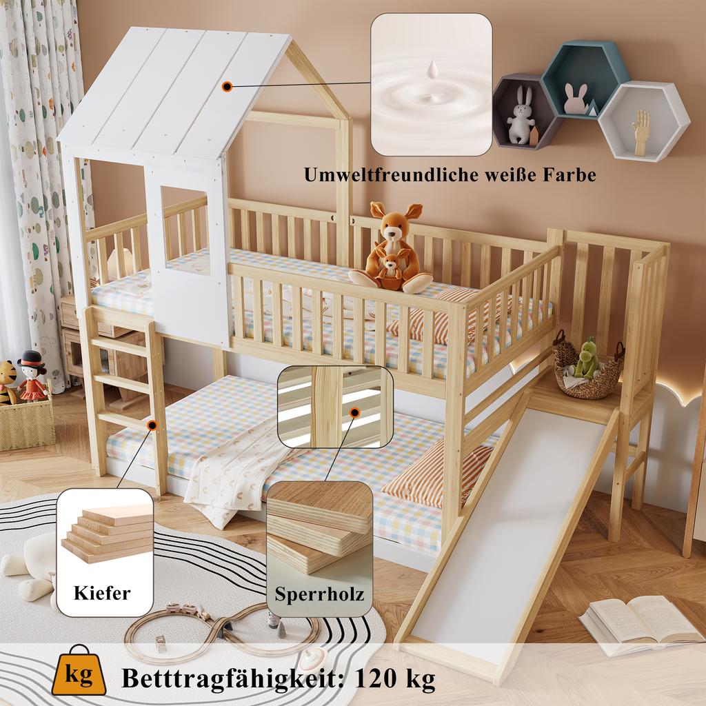 Etagenbett mit rechtwinkliger Leiter und Rutsche, mit Dach und Fenster, mit Absturzsicherung und Rausfallschutz, Kiefernholzrahmen, Natur+Weiß (90x200cm)