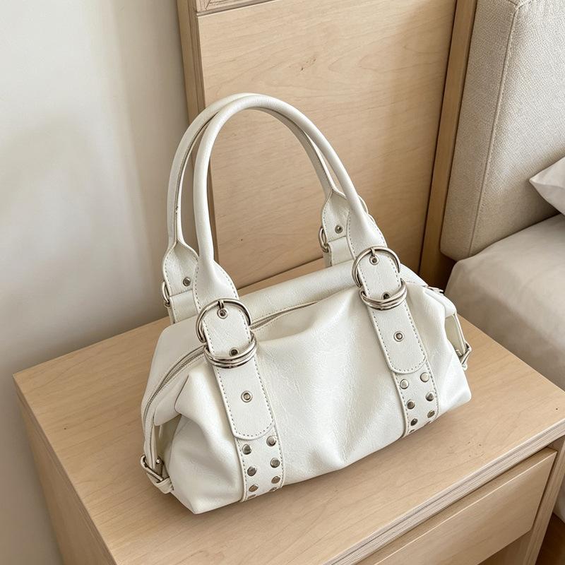 Black Faux Leather Shoulder Handbag Rivet Buckle Decor Vintage Satchel Bag with Top Handles