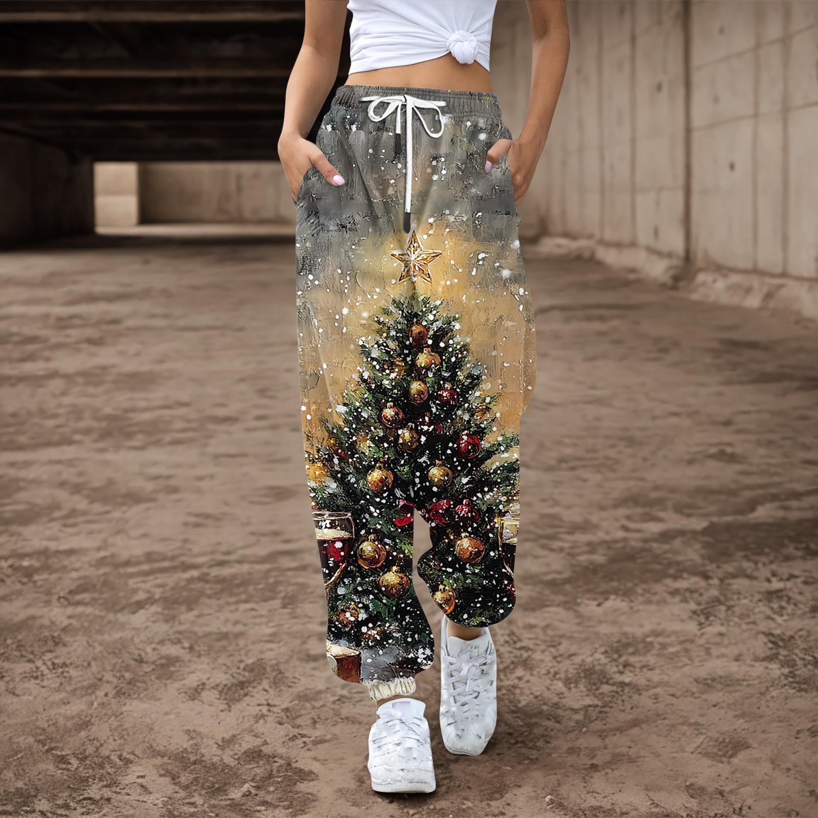 

Женские повседневные брюки с завязками на резинке и рождественским принтом, спортивные штаны XXL
