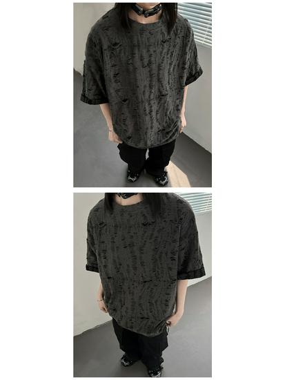 Wasteland-Style Niche Hollow-Out Ripped Men's Heavyweight T-Shirt with Small Neckline
