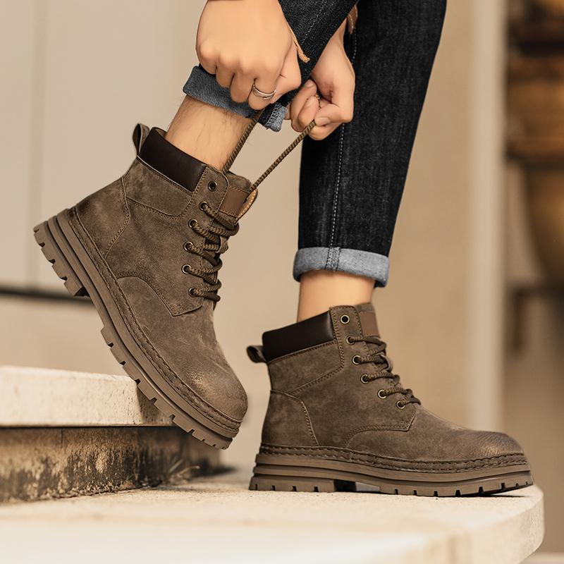 Fashion All-match Non-Slip Ankle Boots Male Lace-Up Men Boots Men's High Top Leather Shoes Winter Fashion Walking Boots Outdoor Sneakers