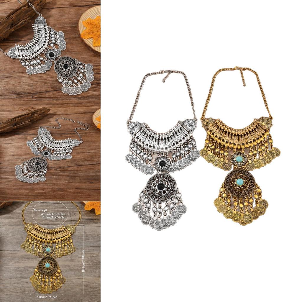 Classic Gold Silver Finish Coin Tassel Necklace With Geometric Pendant For Festival Wear