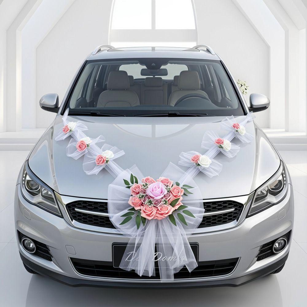 Decorazione per Auto Nuziale Senza Pollini Nastro di Garza Multicolore per Auto Fiocco 'Just Married'