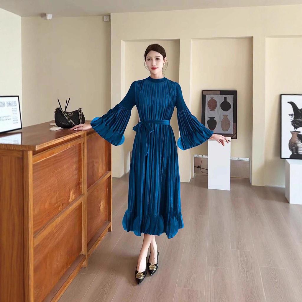 Miyake Pleated Plus Size Velvet Dress - Elegant Loose Long European & American Style.