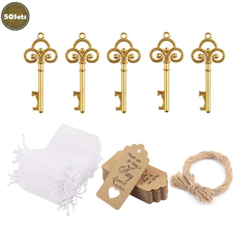 50Pcs/Set Key Bottle Opener With Tag Card Twine Yarn Bag Suitable For Wedding Gift Baby Shower Party Christmas Home Decor Gifts