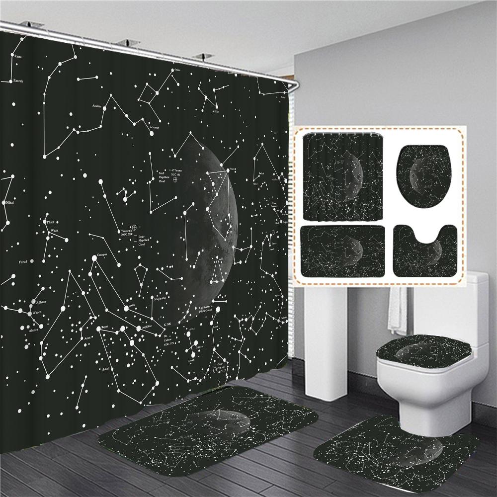 Waterproof Shower Curtain Set Moonlight Sea Starry Sky Scenery Bath Rug And Mats With Hooks Toilet Seat Cover Bathroom Decor