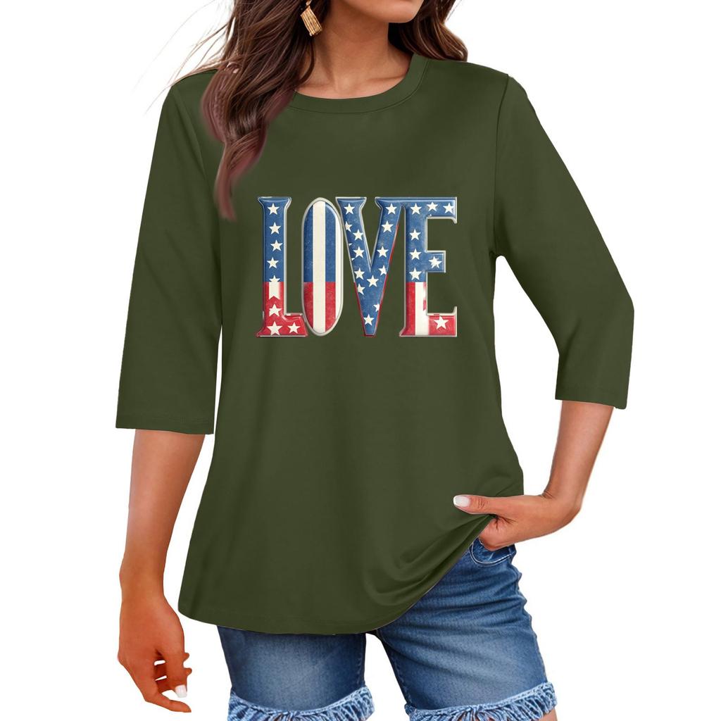 Women's Print Round Neck Top With Three Quarter Sleeves T-Shirt Three Quarter Sleeves T-Shirt