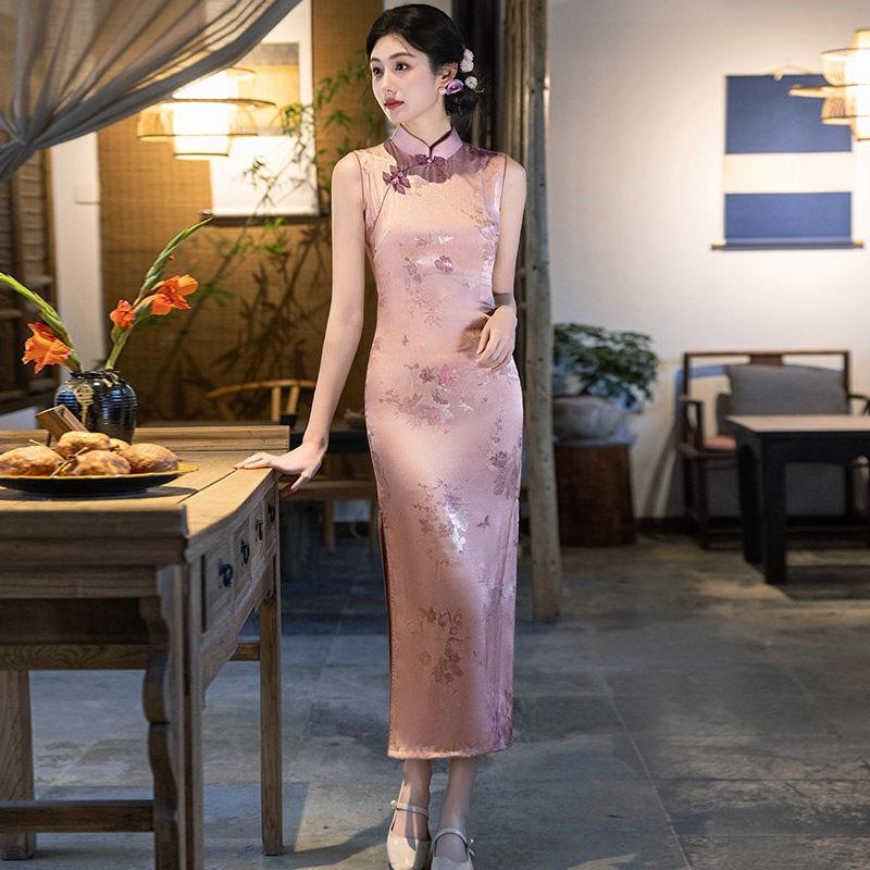 Pink Sleeveless Modern Chinese-Inspired Long Cheongsam Dress 2026 Womens Elegant Formal Gown Small