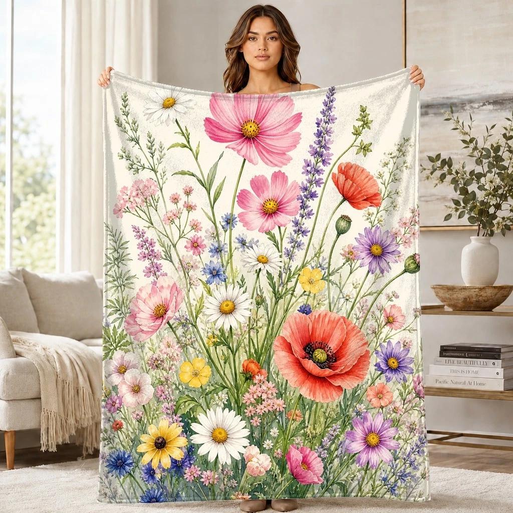 Wildflower Meadow Coral Fleece Blanket Botanical Garden Decor