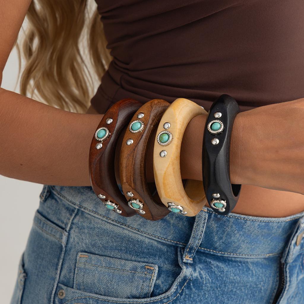 Salircon Punk Retro Irregular Wood Bangles for Women Hyperbole Geometric Inlaid Imitation Turquoise Bracelets Steampunk Jewelry