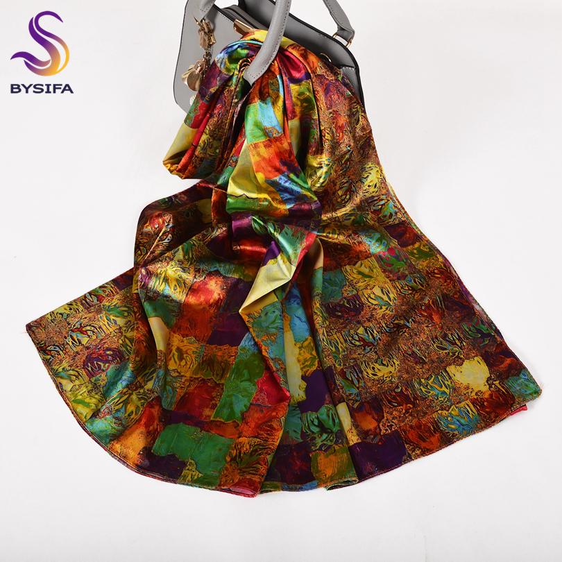 [BYSIFA]  Green Blue Ladies Satin Long Silk Scarf Shawl New Fashion Brand Scarves Printed Spring Fall Female Head Scarf 160*70cm