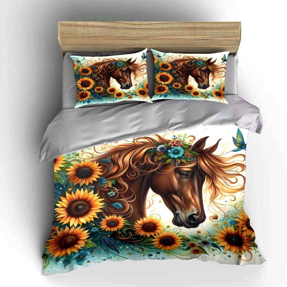 Sunflower Horse Art Set Multiple Sizes Kid'S And Adults' Bedroom Exquisite 3Pc Bedding Set, Gift
