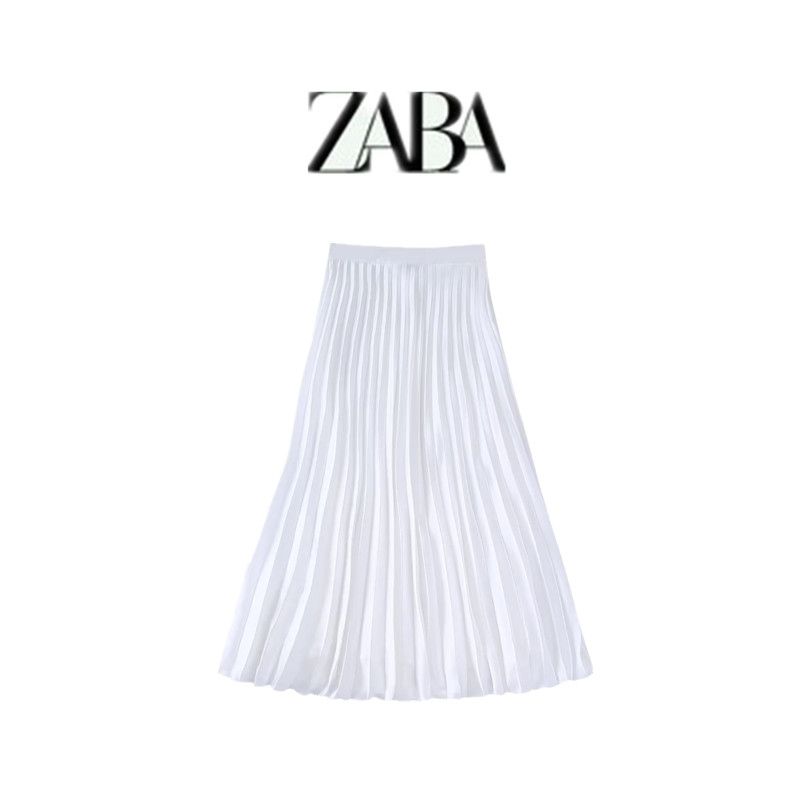 Ur Summer New Style White Silk Satin Pleated Skirt