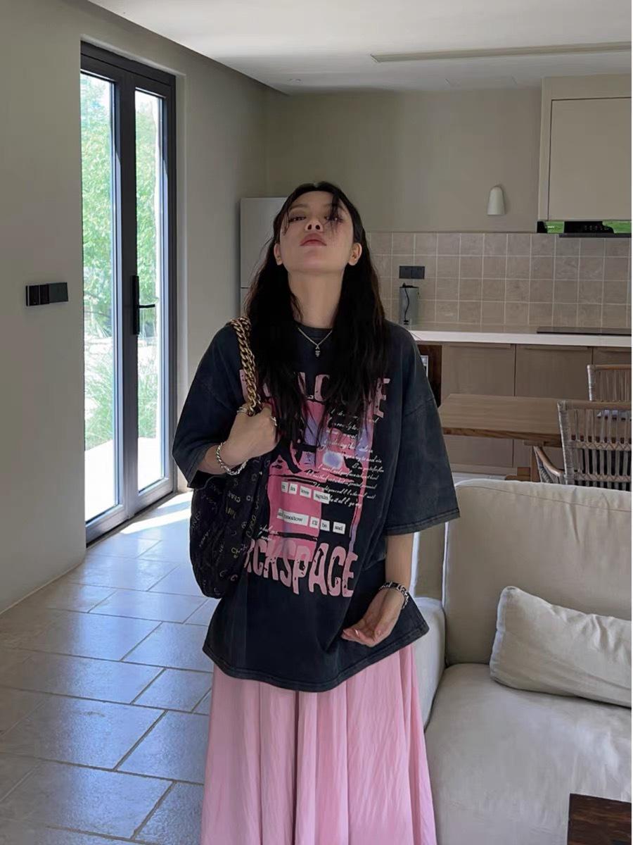 

2025 Лето Женская Оверсайз Потертая Хип-Хоп Футболка из Чистого Хлопка XXL промывают черный