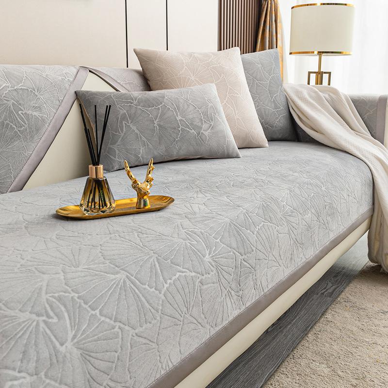 Luxuriöser Gingko Grauer Sofabezug Kissen L-Form Leder Couchbezug Vier Jahreszeiten Universal Rutschfest Rückenhandtuch für Wohnzimmer