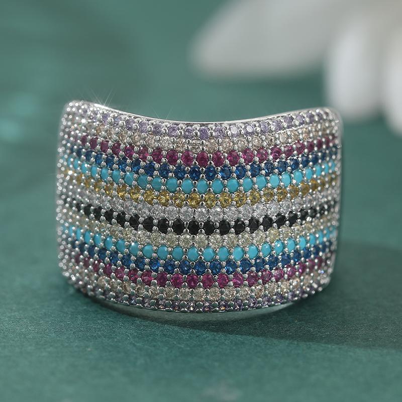 Dazzling Inlaid Multicolored CZ Women's Ring Trendy CopperColor Geometry Daily Wear Party Jewelry Anniversary Gift