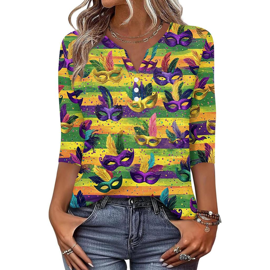 Dámské tričko s potiskem, knoflíky, 3/4 rukávy, pro každý den, na víkend, módní, základní, s výstřihem do V, běžný top