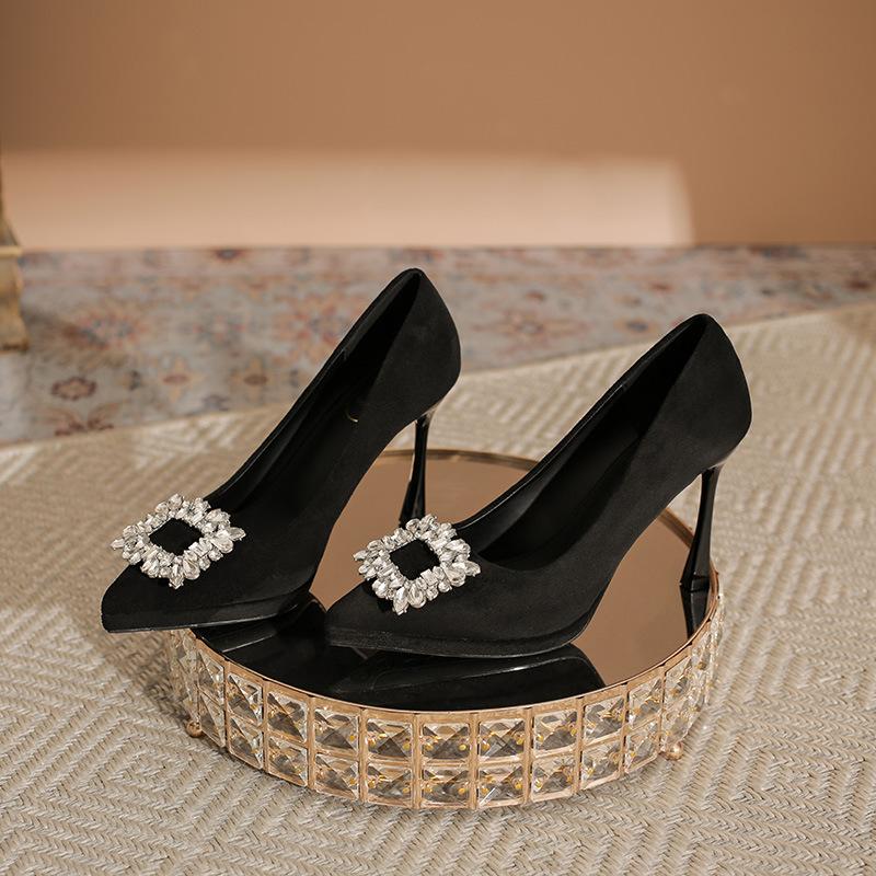 

остроносые туфли на высоком каблуке из черной замши со стразами женские остроносые туфли на тонком каблуке водонепроницаемая платформа одинарные туфли маленькие туфли для офиса 34