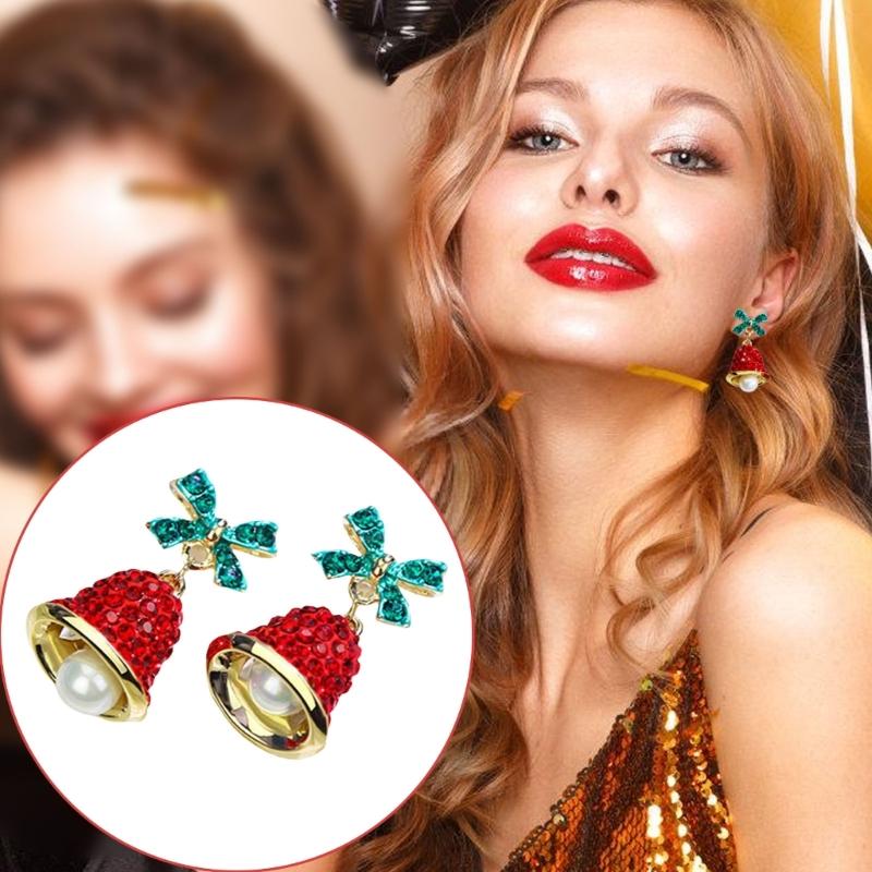 Sparkling Bowknot Bell Drop Earrings for Women and Girls Handmade Holiday Jewelry Stylish Christmas Party Accessories