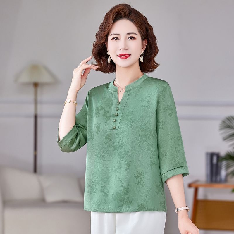 Middle Aged and Elderly Mothers Wear Summer New Style Fashionable Printed Temperament, Slimming and Loose Bottom Shirt, Small Shirt, Top for Women