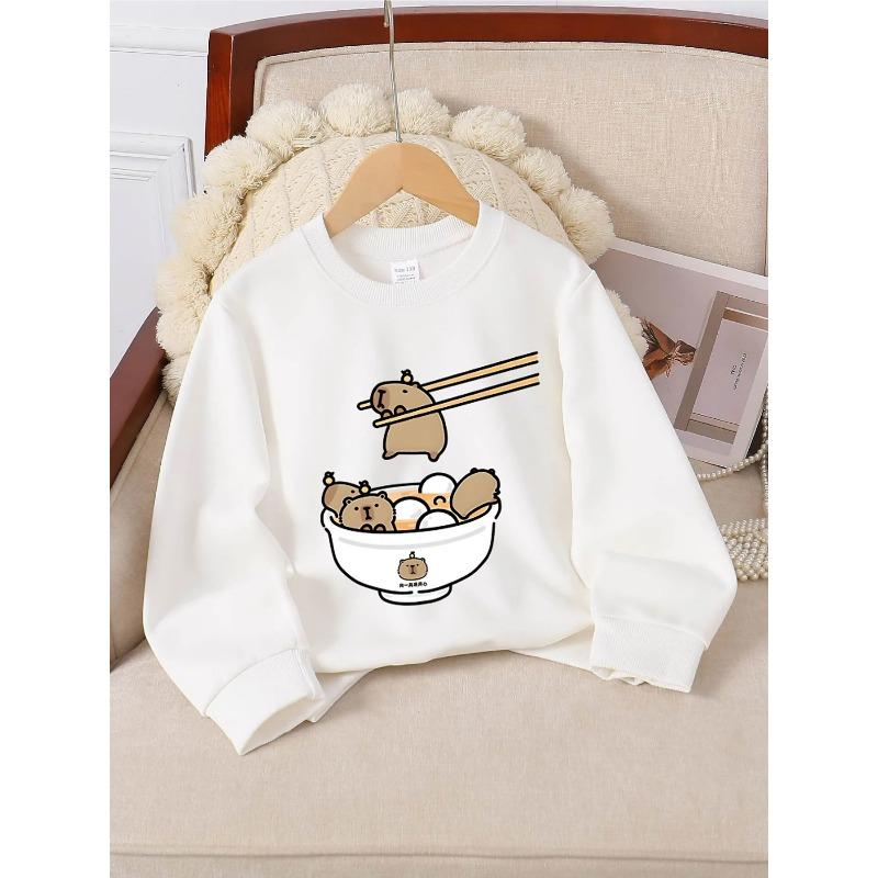 European sizes Girls Crewneck Sweatshirt - Cute Bear Ramen Bowl Pattern, Sportswear And Casual Wear, Soft And Comfortable 110 белый