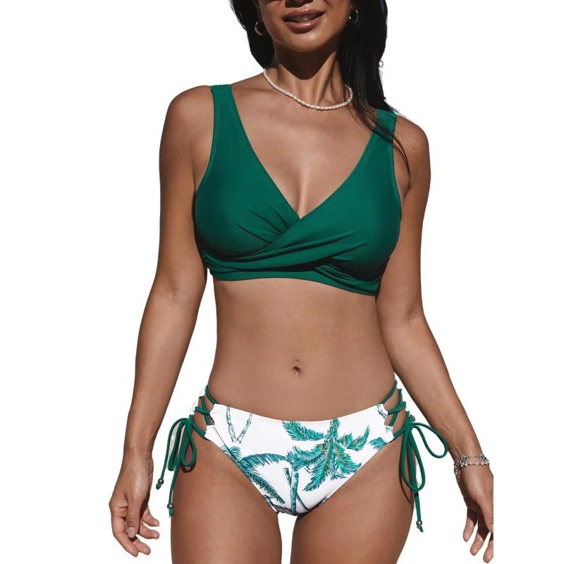 Women Swimwear Cross Pleated Backless Lace Up Bikini 2026 New Beach Two Piece Bathing Suit Vintage Printing Bikini Set