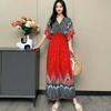 Ethnic Style V-neck Cotton and Silk Short-sleeved French Thai Style Dress for Women's Summer Printing Pastoral Style Skirt for Vacation Wear
