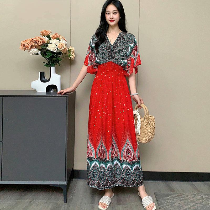 Ethnic Style V-neck Cotton and Silk Short-sleeved French Thai Style Dress for Women's Summer Printing Pastoral Style Skirt for Vacation Wear