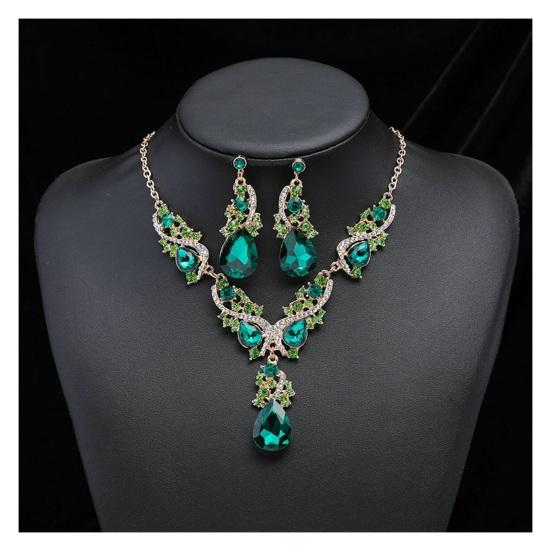 Women Necklace Earrings Rhinestone Luxury Hollow Symmetric Retro Set Out Anti-allergy Hanging Earrings Bridal Wedding