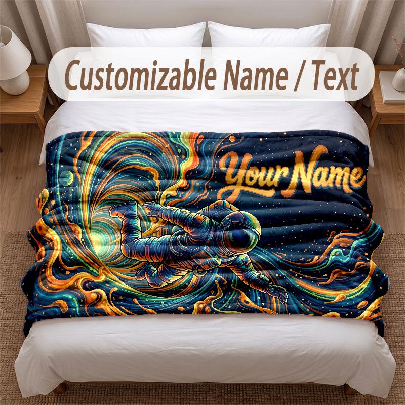 Astronaut Space Theme Soft Blanket Personalized Custom Name Text Print Warm Blanket Home Sofa Bedroom Decor