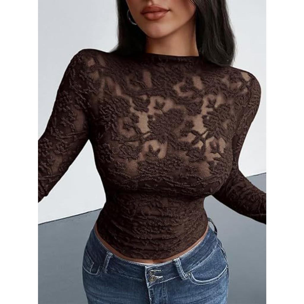 Autumn Sheer Mesh Floral Lace Blouse for Women, V-Neck Sexy Party Clubwear