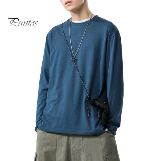 Herrenhemd Rundhals Langarm Weiches Atmungsaktives T-Shirt Einfarbig Lockere Passform Frühling Sommer Casual Tops